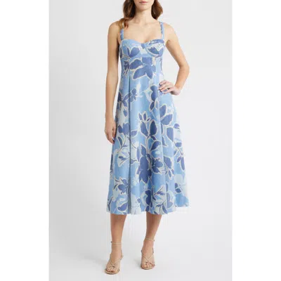 Moon River Floral Empire Waist A-line Midi Dress In Blue