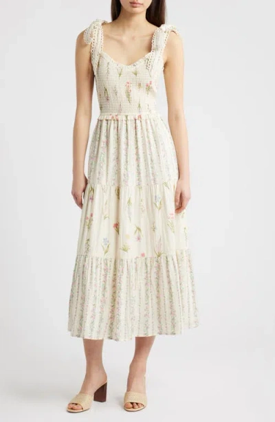 Moon River Floral Picot Trim Smocked Bodice Sundress In Neutral