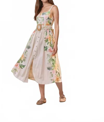 Moon River Floral Print Belt Detail Sleeveless Midi Dress In Cream In Multi