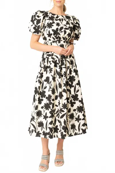 Moon River Floral Print Cut Out Shirred Midi Dress In Black & White In Multi