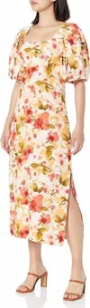 MOON RIVER FLORAL PRINT PLEATED PUFF SLEEVE MIDI DRESS IN ORANGE MULTI