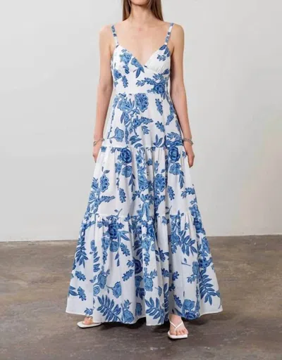 Moon River Floral Print Sleeveless Midi Dress In White In Blue Multi
