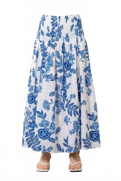 Moon River Floral Print Smocked Midi Skirt In Blue Multi