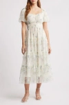 Moon River Floral Short Sleeve Tiered Mesh Midi Dress In Ivory Multi