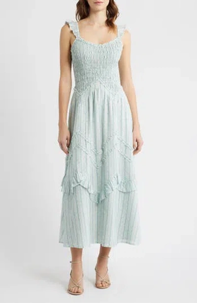 Moon River Floral Smocked Bodice Flutter Sleeve Midi Dress