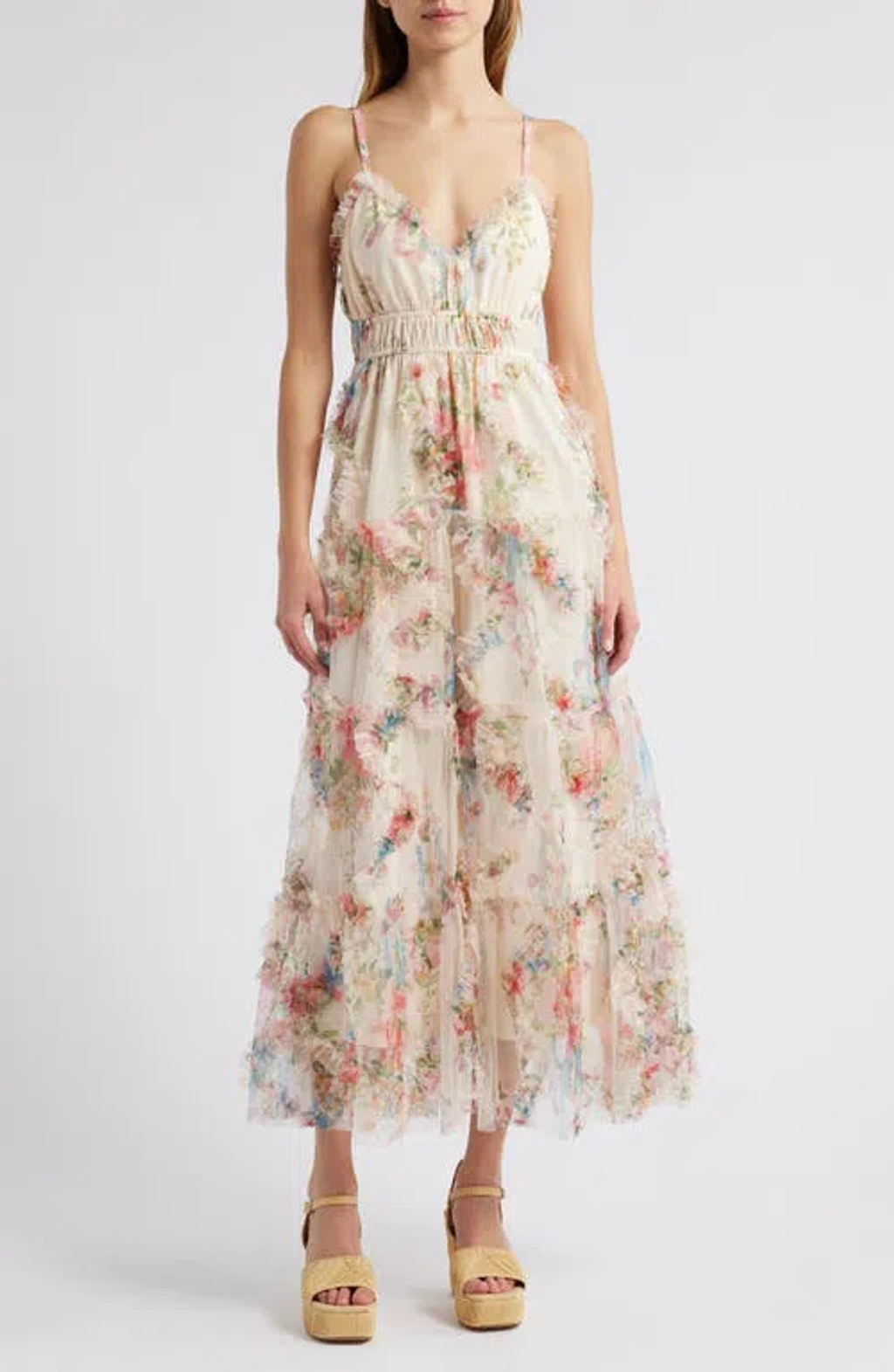 Moon River Flowered Ruffle Sleeveless Chiffon Maxi Dress In Cream Multi |  ModeSens