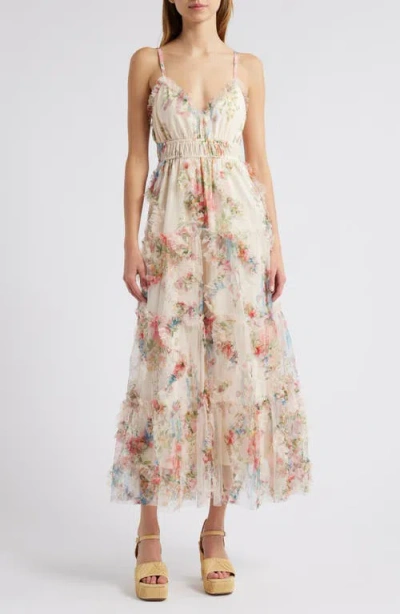 Moon River Flowered Ruffle Sleeveless Chiffon Maxi Dress In Cream Multi
