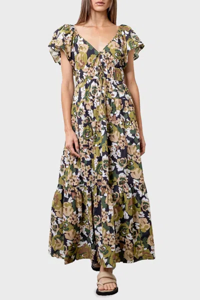 Moon River Flutter Sleeve Tiered Midi Dress In Navy Multi Print
