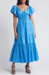 Moon River Flutter Sleeve Tiered Stretch Cotton Maxi Dress In Blue