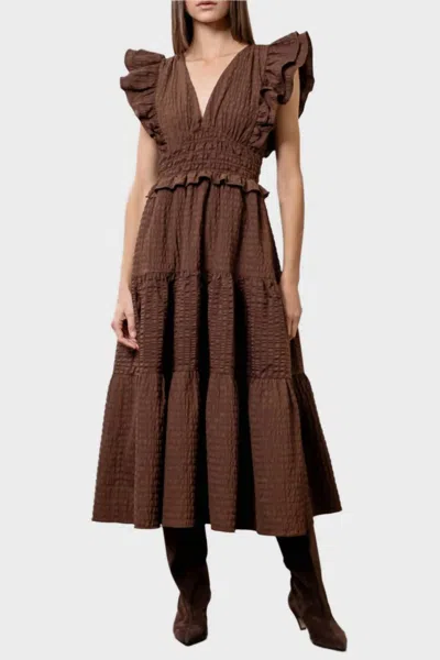 Moon River Flutter Sleeve V-neck Midi Dress In Brown