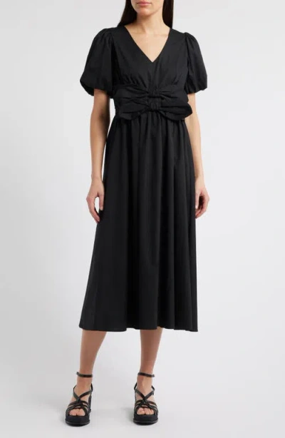 Moon River Front Bow Detail Cotton Midi Dress In Black