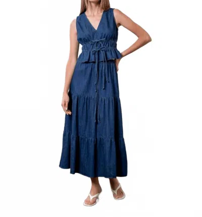 Moon River Front Tie V-neck Top In Denim Blue