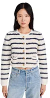 MOON RIVER HAIRY ROUND NECK LONG SLEEVE STRIPED CARDIGAN IVORY