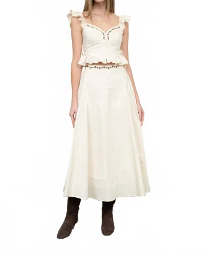 Moon River Hannah Emboidery Rose Trim Midi Skirt In Cream/brown In Multi