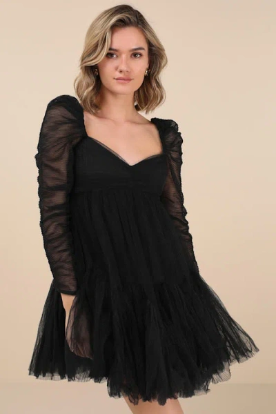MOON RIVER HARENA BLACK TULLE PLISSE LONG SLEEVE MINI DRESS