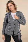 Moon River Hesper Heather Grey Cable Knit Lace-up Cardigan Sweater In Heather Grey