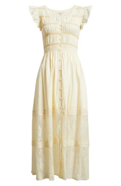 Moon River Lace Embroidered Ruffle Sleeve Midi Dress In Neutral