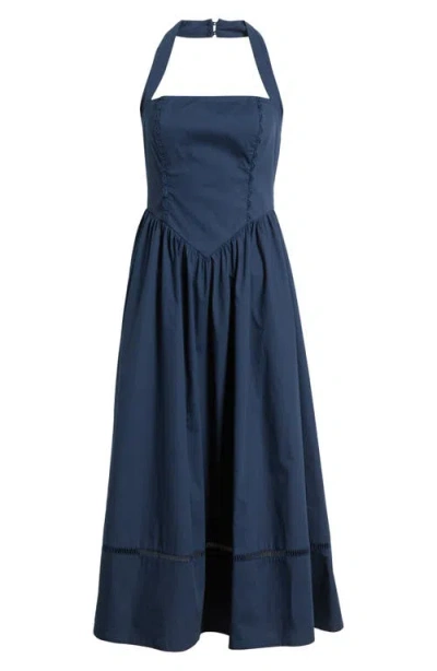 Moon River Ladder Stitch Detail Halter Neck Cotton Dress In Blue