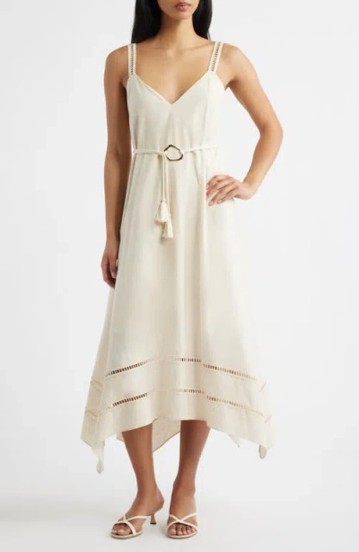 Moon River Ladder Stitch Detail Handkerchief Hem Cotton & Linen Dress In White