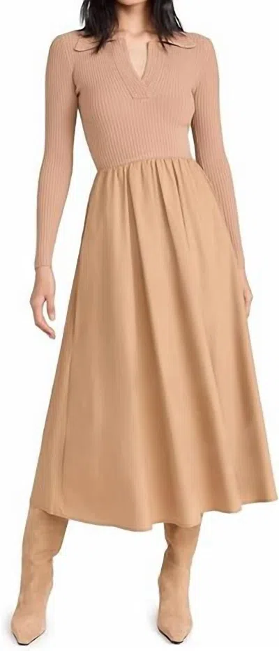 Moon River Long Sleeve Twofer Midi Dress In Khaki