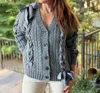 Moon River Hesper Heather Grey Cable Knit Lace-up Cardigan Sweater In Grey