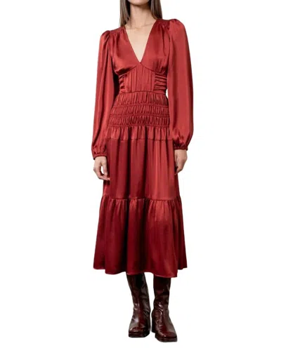 Moon River Merlot Satin Smocked Midi Dress In Red