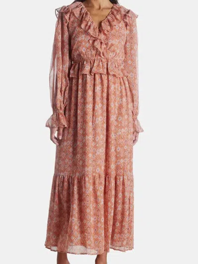 Moon River Midi Dress Womens Coral Aztec Print Ruffle Puff Sleeve Jdm1193 In Multi
