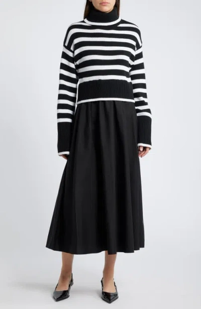 Moon River Mixed Media Long Sleeve Midi Dress In Black