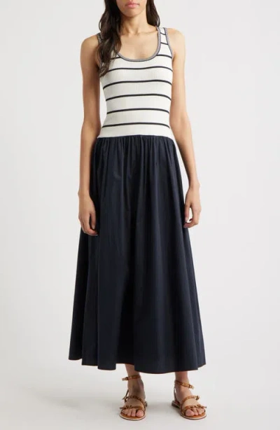 Moon River Mixed Media Maxi Dress In Navy