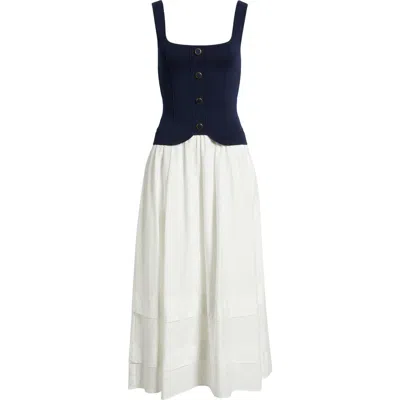 Moon River Mixed Media Midi Dress In Blue