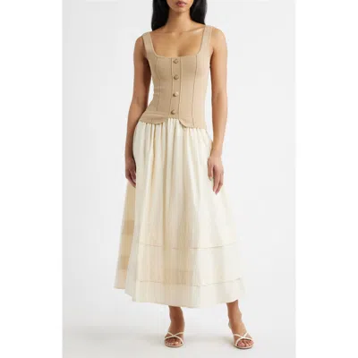 Moon River Mixed Media Midi Dress In Brown