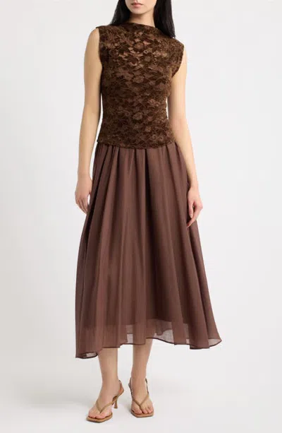 Moon River Mixed Media Midi Dress In Brown