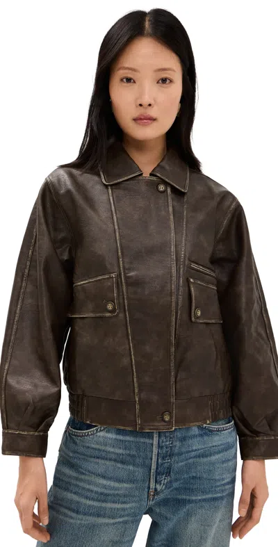 Moon River Neck Collar Faux Leather Jacket Dark Brown