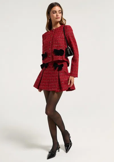 Moon River Plaid Crewneck Crop Jacket With Front Detail Ribbon In Red In Multi