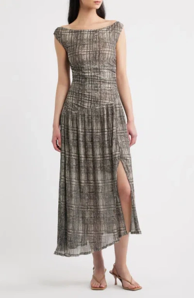 Moon River Plaid Mesh Pleated Midi Dress In Neutral
