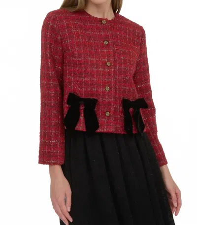 Moon River Plaid Tweed Velvet Bow Jacket In Red