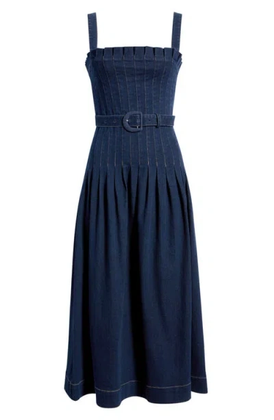 Moon River Pleated Belted Cotton Blend Denim Midi Dress In Blue