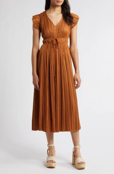 Moon River Pleated Tie Waist Midi Dress In Copper