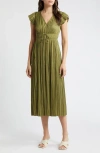Moon River Pleated Tie Waist Midi Dress In Sage