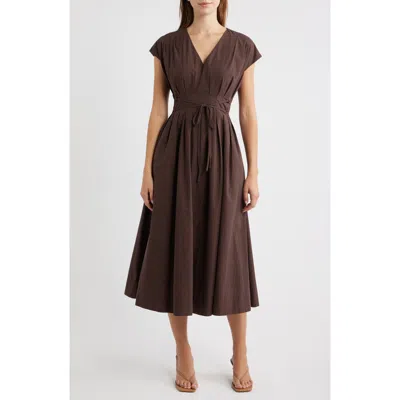 Moon River Pleated V-neck Midi Dress In Brown
