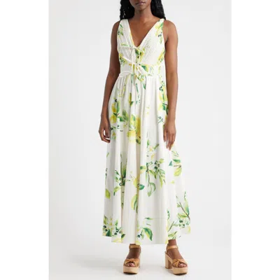 Moon River Plissé Tie Front Cotton Maxi Dress In Multi