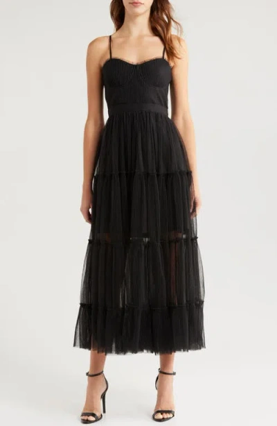 Moon River Plissé Tiered Tulle Midi Dress In Black
