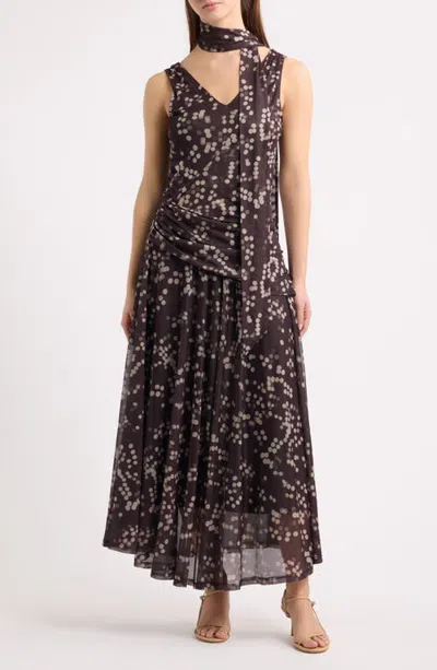 Moon River Polka Dot Tie Neck Gown In Brown