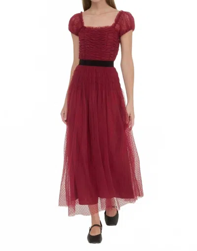 Moon River Polka Dot Tulle Shirred Waist Velvet Midi Dress In Crimson In Red