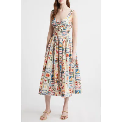 Moon River Postcard Print Cotton Midi Dress In Multi