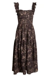 Moon River Print Flutter Strap Midi Dress In Brown