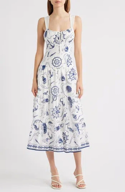 Moon River Print Ruffle Hem Sleeveless Midi Dress In Blue