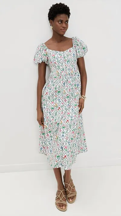 Moon River Puff Sleeve Corset Midi Dress In Ivory Multi In Blue