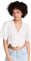 Moon River Puff Sleeve Eyelet Top With Front Ties Ivory In Ivory