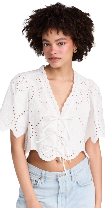 Moon River Puff Sleeve Eyelet Top With Front Ties Ivory